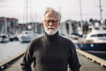 Wall Mural - Urban fashion portrait photography of a glad old man wearing a classic turtleneck sweater against a busy marina background. With generative AI technology