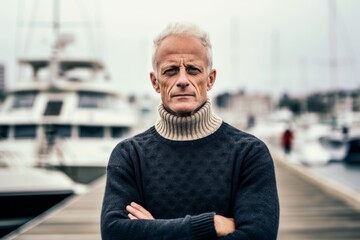 Wall Mural - Urban fashion portrait photography of a glad old man wearing a classic turtleneck sweater against a busy marina background. With generative AI technology