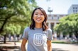 © Markus Schröder - Environmental portrait photography of a happy girl in her 30s wearing a casual t-shirt against a bustling university campus background. With generative AI technology
