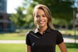 © Markus Schröder - Casual fashion portrait photography of a glad girl in her 30s wearing a sporty polo shirt against a bustling university campus background. With generative AI technology