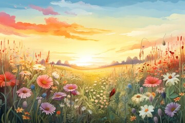 Wall Mural - Illustration of flower meadow in spring. generative ai. 