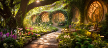 Fantasy Fairy Tale Background. Fantasy Enchanted Forest With Magical Luminous Plants, Built Ancient Mighty Trees Covered With Moss, With Beautiful Houses, Butterflies And Fireflies Fly In The Air.