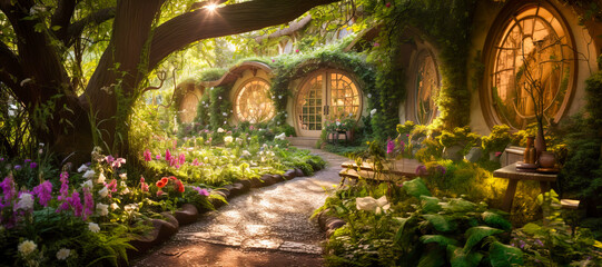 Fantasy fairy tale background. Fantasy enchanted forest with magical luminous plants, built ancient mighty trees covered with moss, with beautiful houses, butterflies and fireflies fly in the air.