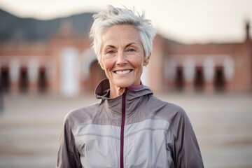 Poster - Sports portrait photography of a satisfied mature woman wearing a lightweight windbreaker against a peaceful monastery background. With generative AI technology