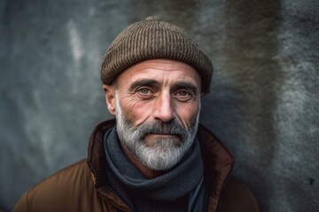 Wall Mural - Headshot portrait photography of a tender mature man wearing a warm beanie or knit hat against a historic city wall background. With generative AI technology