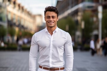 Wall Mural - Medium shot portrait photography of a satisfied boy in his 30s wearing an elegant long-sleeve shirt against a bustling city square background. With generative AI technology