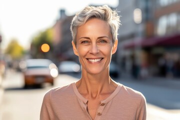 Wall Mural - Close-up portrait photography of a glad mature woman wearing a sporty polo shirt against a lively downtown street background. With generative AI technology