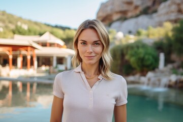 Wall Mural - Casual fashion portrait photography of a glad girl in her 30s wearing a sporty polo shirt against a scenic hot springs background. With generative AI technology
