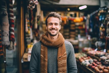 Wall Mural - Eclectic portrait photography of a satisfied boy in his 30s wearing a cozy sweater against a bustling outdoor bazaar background. With generative AI technology