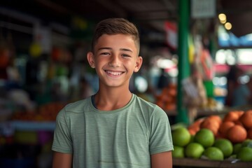 Canvas Print - Studio portrait photography of a grinning boy in his 30s wearing a casual t-shirt against a bustling outdoor bazaar background. With generative AI technology