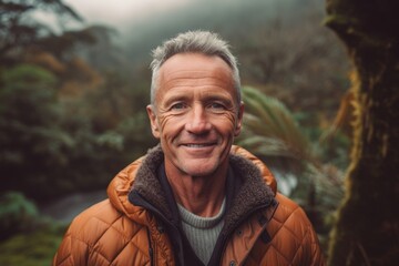 Wall Mural - Headshot portrait photography of a happy mature man wearing a cozy winter coat against a scenic tropical rainforest background. With generative AI technology