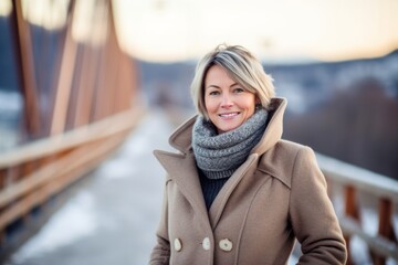 Wall Mural - Sports portrait photography of a glad mature girl wearing a cozy winter coat against a picturesque bridge background. With generative AI technology