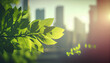 Nature in metropolis outdoor backdrop with copy space,  Spring fresh green leaves on blurred big city background. Ai generated image