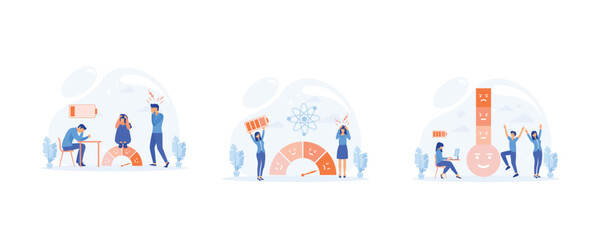 People are on the mood scale, stress rate, Tired Exhausted Overworked and Happy, Fully charged active mentally healthy employee, set flat vector modern illustration 