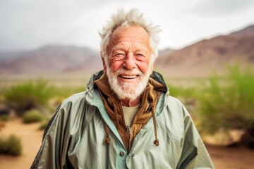 Wall Mural - Studio portrait photography of a joyful old man wearing a lightweight windbreaker against a picturesque desert oasis background. With generative AI technology