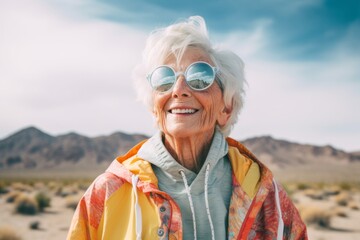 Wall Mural - Eclectic portrait photography of a satisfied old woman wearing a lightweight windbreaker against a picturesque desert oasis background. With generative AI technology