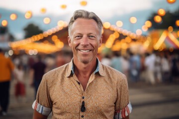 Wall Mural - Medium shot portrait photography of a glad mature man wearing a classy button-up shirt against a lively festival ground background. With generative AI technology