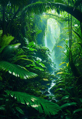 Green beautiful jungle background, Generative AI Illustration.