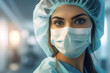 © Rytis - Health care and medicine concept. Close-up portrait of doctor woman with surgical or medicine mask looking at camera. Model wearing medicine clothes. Generative AI