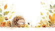 Cute hedgehog in autumn leaves. Watercolor illustration.