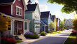 House in the evening, suburban neighborhood with a row of colorful houses on a quiet residential street Ai generated image