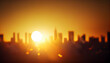 Summer sun blur golden hour hot sky at sunset with city rooftop view in the background fuzzy urban warm bright heat wave lights skyline Ai generated image