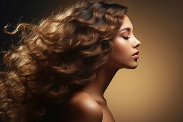 Wall Mural - Beautiful woman in profile with long and shiny wavy hair . Beauty model girl with curly hairstyle