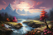 Futuristische Landschaft im gemalten Stil mit Bergen und Flüssen und romantischen Licht, 3, AI generiert 
