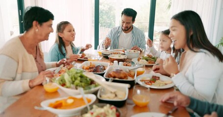 Wall Mural - Children, parents and grandparents eating at thanksgiving together as a family for bonding in celebration. Love, lunch or brunch food with kids and relatives at the dining room table during a holiday