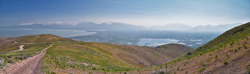 Wall Mural - Utah Lake from West Lake Mountain Peak hiking trail views by Radio Towers and Observatory, Wasatch Front Rocky Mountains, Provo, Utah. USA.