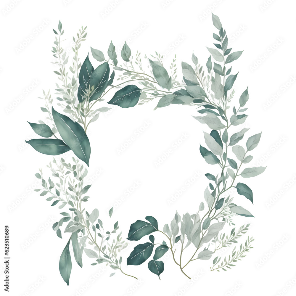 Watercolor floral illustration with branches leaf frame on transparent ...