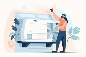 A man does the cleaning and prevention of the air conditioner.
