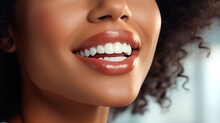 Female Mouth With Snow-white Teeth And Lipstick Close-up In A Smile. The African American Girl Opened Her Mouth. Healthy Teeth And Fresh Breath. Oral Health Concept. AI Generation