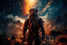 Portrait Of An Astronaut In A Spacesuit Against The Background Of The Intergalactic Sky. Exploration Of Other Worlds And Search For Extraterrestrial Civilizations. . AI Generation