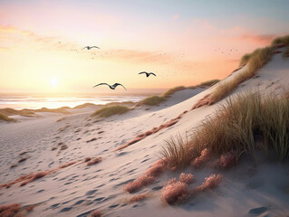 Poster - Birds flying at the beach sunset scene created with Generative AI technology