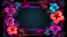 Realistic Glowing Neon Light Frame With Colorful Glowing Tropical Leaves, Copy Space In Center