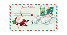 Template Of An Old Christmas Envelope With A Picture Of Santa Claus Going Down The Chimney. Retro Style Christmas Card With Rubber Seal, Stamp. Vector Illustration In Cartoon, Retro Style