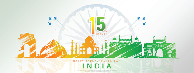 15 th august indian independence day banner template design with indian flag, ashoka chakra and silh