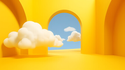 Wall Mural - 3d render, abstract minimal yellow background with white clouds flying out the tunnel