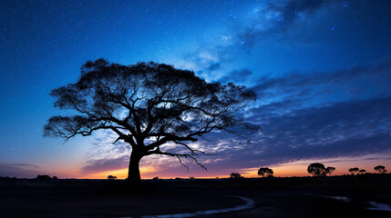 Wall Mural - An enchanting nighttime photograph of the Milky Way galaxy, with a lone tree silhouetted against the starry sky Generative AI