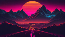 Landscape With Mountains, Trendy Neon Synth Wave Background With Sunset Sky, Road And Mountains, Retro Abstract Background. Retro Wave Scene Ai Generated Image
