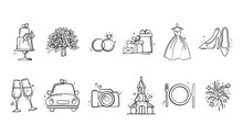 Hand Drawn Marriage Icons Set. Wedding, Bride, Love, Celebration. Timeline Menu On Wedding Theme. Vector Wedding  Illustrations For Invitations, Greeting Cards, Posters
