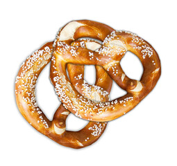 Two pretzels of white bread with salt encrusted, typical Bavarian bread on transparent background