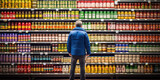 Fototapeta Sypialnia - person in supermarket with variety of products in shelves