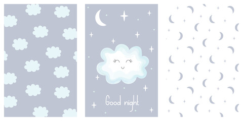 Wall Mural - Good night cute sky seamless pattern set. Simple nursery art for baby. White and  blue cloud star and moon beauty lettering. Vector illustration.