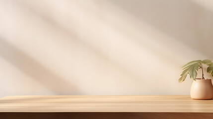 blank brown wooden counter table in soft sunlight, leaf shadow on beige texture wallpaper wall for l