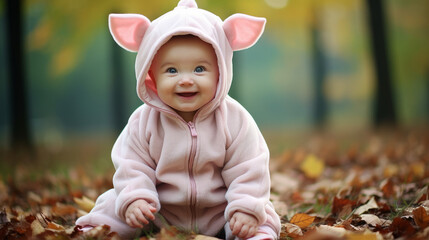 Baby with farm animal Halloween costume of a pig