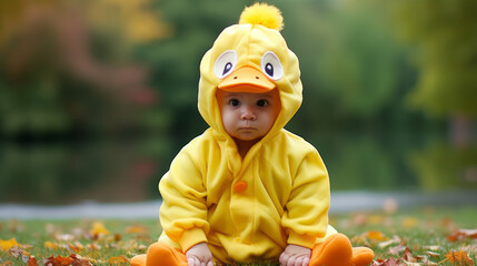 Baby with farm animal Halloween costume of a duck