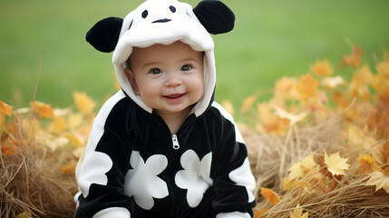 Wall Mural - Baby with farm animal Halloween costume of a cow