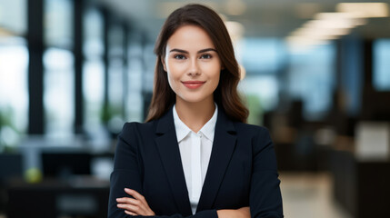 Smiling elegant confident young professional business woman , female proud leader, smart businesswoman lawyer or company manager executive looking at camera standing in office